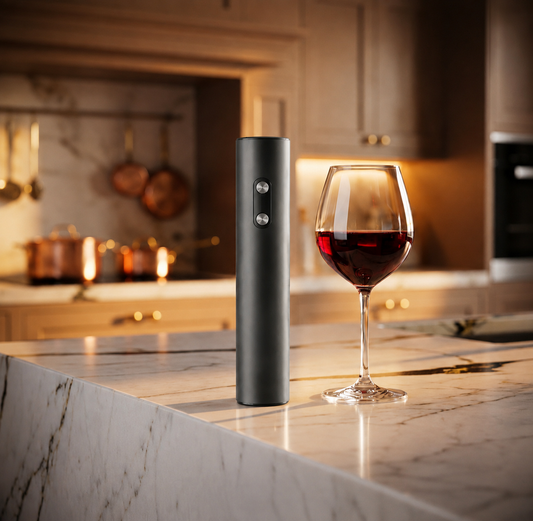 Man using electric wine opener on a bottle of red wine