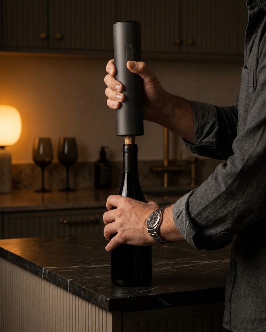 Electric wine opener beside glass of red wine on white marble kitchen counter
