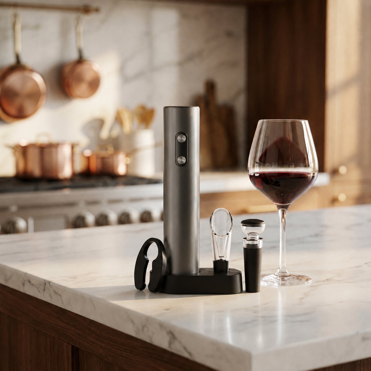 Electric wine opener with pourer, stopper, and foil cutter on white marble kitchen island with a glass of red wine